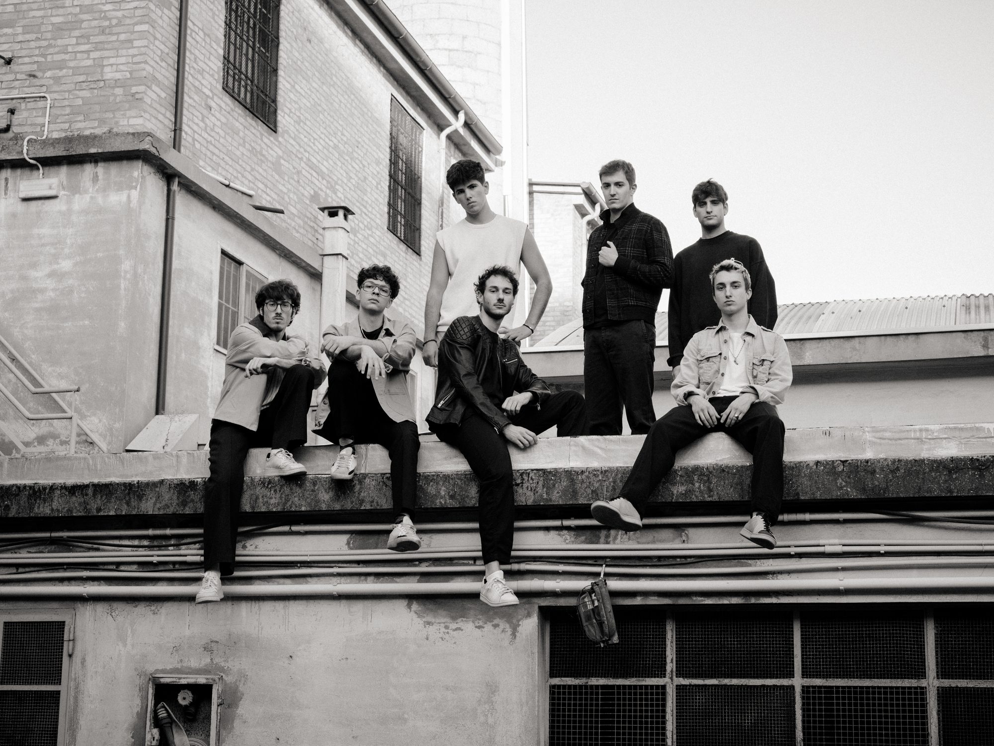 The band on a rooftop, black and white