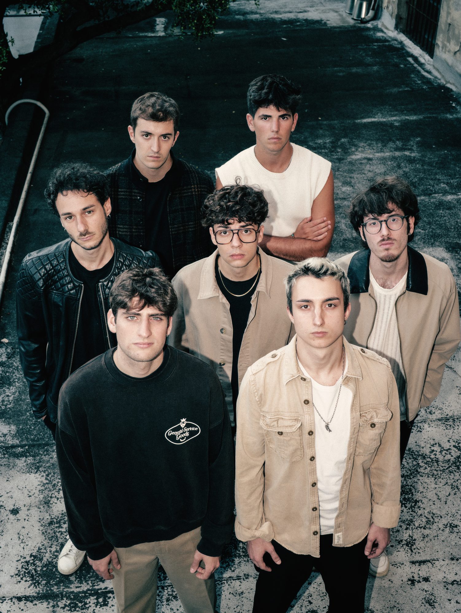 The band seen from above in a street, colour